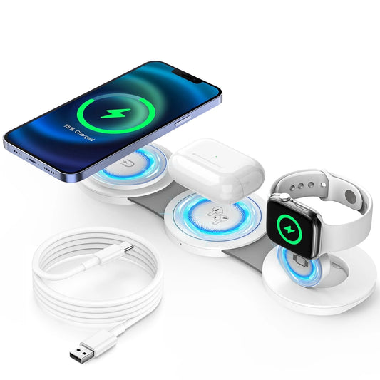 Wireless Charger for Iphone, 3 in 1 Charging Station for Apple Devices, Travel Magnetic Charger Stand for Iphone 15 14 13 12 Pro Max, Charging Pad for Airpods 3/2/Pro, Apple Watch 9/8/7/6/SE/5/4/3