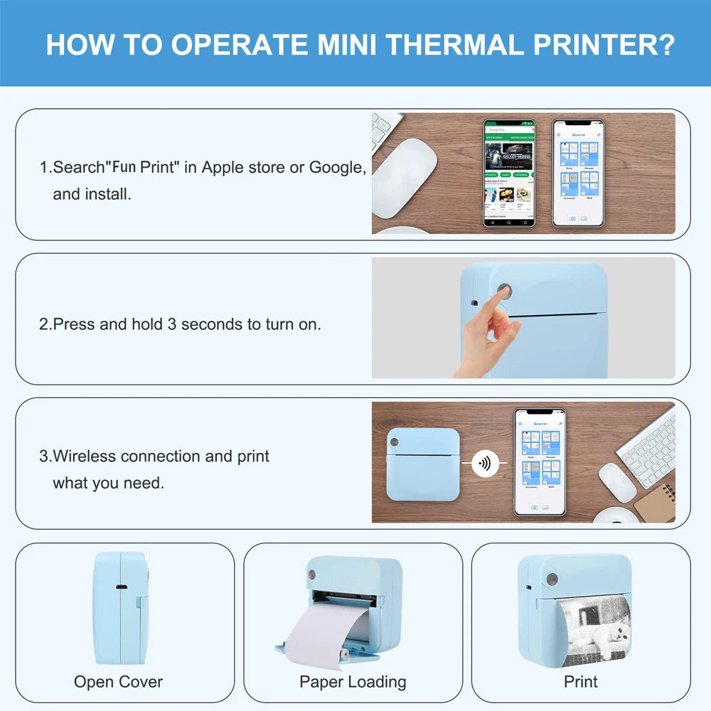 Mini Portable Printer Thermal Printing Sticker Wireless Inkless Mini Pocket Printer Self-Adhesive Label Printer Photo Printer